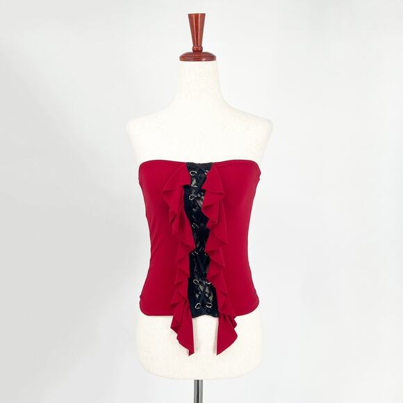 Vintage Tops - Y2k Vintage Lace Front Corset Strapless Tube Top Ruffle Red Size Small